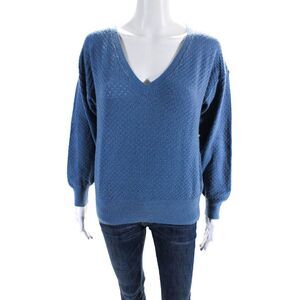 An'ge Womens Diamond Knit V Neck Long Sleeved Pullover Sweater Blue Size S/M